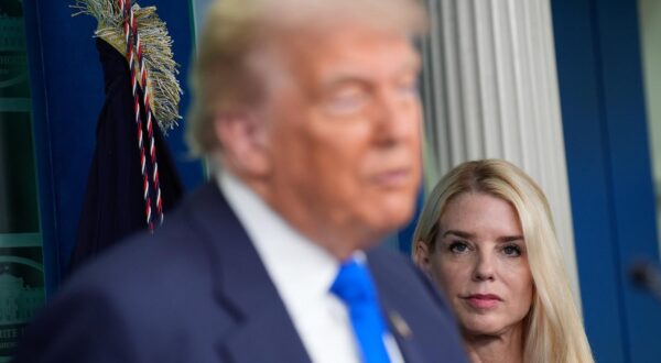 United States Attorney General Pam Bondi looks on as US President Donald J Trump holds a press briefing after the US Supreme Court ruling in the James S Brady Press Briefing Room of the White House in Washington, DC, US, on June 27, 2025. 
Credit: Yuri Gripas / Pool via CNP/AdMedia Photo: CNP/AdMedia/NEWSCOM
