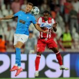 (250820) -- BELGRADE, Aug. 20, 2025 (Xinhua) -- Felicio Milson (R) of Crvena Zvezda vies with Mislav Orsic of Pafos during the UEFA Champions League play-offs 1st leg football match between Crvena Zvezda and Pafos in Belgrade, Serbia, on Aug. 19, 2025. (Photo by Predrag Milosavljevic/Xinhua) Photo: Predrag Milosavljevic/XINHUA