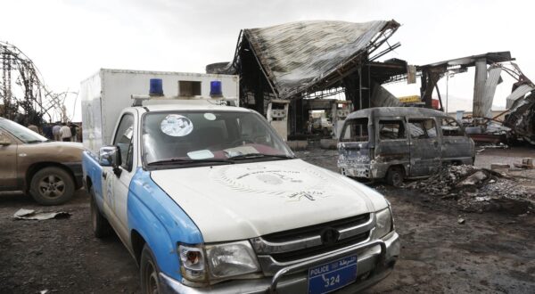 (250825) -- SANAA, Aug. 25, 2025 (Xinhua) -- A police car is parked at a destroyed gasoline station after it was struck by Israeli airstrikes on Sunday, in Sanaa, Yemen, Aug. 25, 2025. The death toll rose to six from Israeli airstrikes on Yemen's capital Sanaa, with 86 others wounded, the Houthi-run health ministry said Monday. (Photo by Mohammed Mohammed/Xinhua) Photo: Mohammed/XINHUA