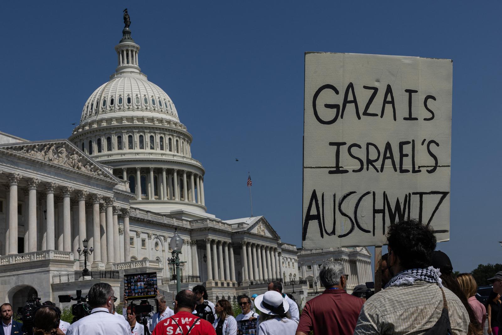 Palestinian rights advocates and medical professionals stand with Rep. Rashida Tlaib (D-MI) during a press conference outside the U.S. Capitol in Washington, D.C., on July 24, 2025. The group, including Doctors Against Genocide, called for the U.S. to end support for the Gaza Humanitarian Foundation (GHF), a joint U.S.-Israeli aid group, following a United Nations report that more than 1,000 Palestinians have been killed seeking aid since May. Participants banged pots and held signs reading “Stop starving Gaza,” accusing the GHF of complicity in the worsening humanitarian crisis. Photo by Mehmet Eser/Middle East Images/ABACAPRESS.COM Photo: Middle East Images/ABACA/ABACA