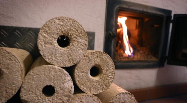 PRODUCTION - 08 November 2021, Bavaria, Kaufbeuren: A wood stove is heated from the hallway with wood briquettes. Photo: Karl-Josef Hildenbrand/dpa Photo: Karl-Josef Hildenbrand/DPA