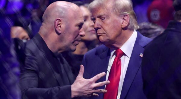 Nov 16, 2024; New York, NY, USA; UFC CEO Dana White (left) talks to President-elect Donald Trump ringside during UFC 309 at Madison Square Garden. Mandatory Credit: Brad Penner-Imagn Images/Sipa USA Photo: Imagn Images/SIPA USA