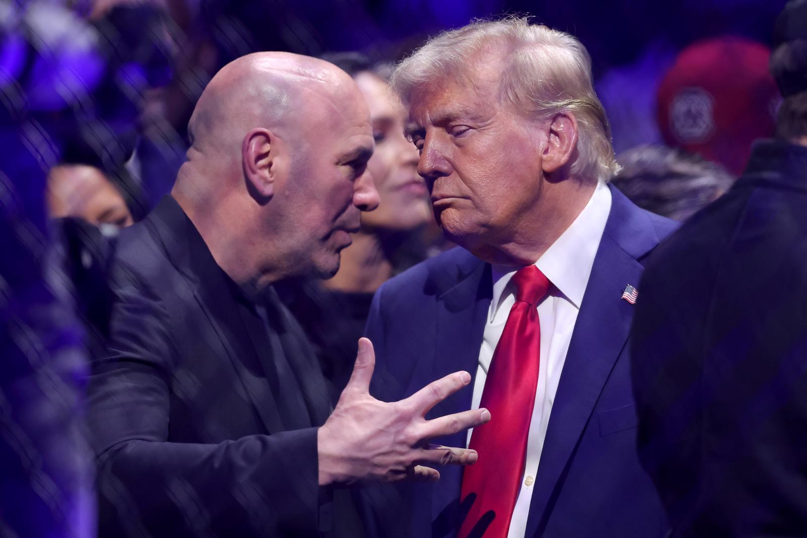 Nov 16, 2024; New York, NY, USA; UFC CEO Dana White (left) talks to President-elect Donald Trump ringside during UFC 309 at Madison Square Garden. Mandatory Credit: Brad Penner-Imagn Images/Sipa USA Photo: Imagn Images/SIPA USA