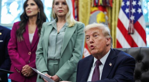 Homeland Security Secretary Kristi Noem and Attorney General Pam Bondi listen as President Donald Trump speaks before signing a Presidential Memorandum in the Oval Office at the White House on September 15, 2025 in Washington, D.C. FBI Director Kash Patel, Homeland Security Secretary Kristi Noem, Attorney General Pam Bondi, Defense Secretary Pete Hegseth, Tennessee Gov. Bill Lee and others were present. (Photo by Samuel Corum/Pool/ABACAPRESS.COM) Photo: Pool/ABACA/ABACA