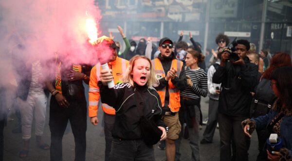 Protesters chant demonstrate near of the Gare du Nord train station in Paris, on September 10, 2025 during the "Bloquons tout" ("Let's block everything") protest movement. The broad anti-government campaign, dubbed "Bloquons tout" ("Let's block everything"), calls for a a shutdown of France on September 10 with a string of protest actions and civil disobedience around the country, while the handover of power between the new Prime Minister and his predecessor, who suffered a crushing loss in a confidence vote on September 8, is scheduled for the same day at noon. Photo by Raphael Lafargue/ABACAPRESS.COM Photo: Lafargue Raphael/ABACA/ABACA