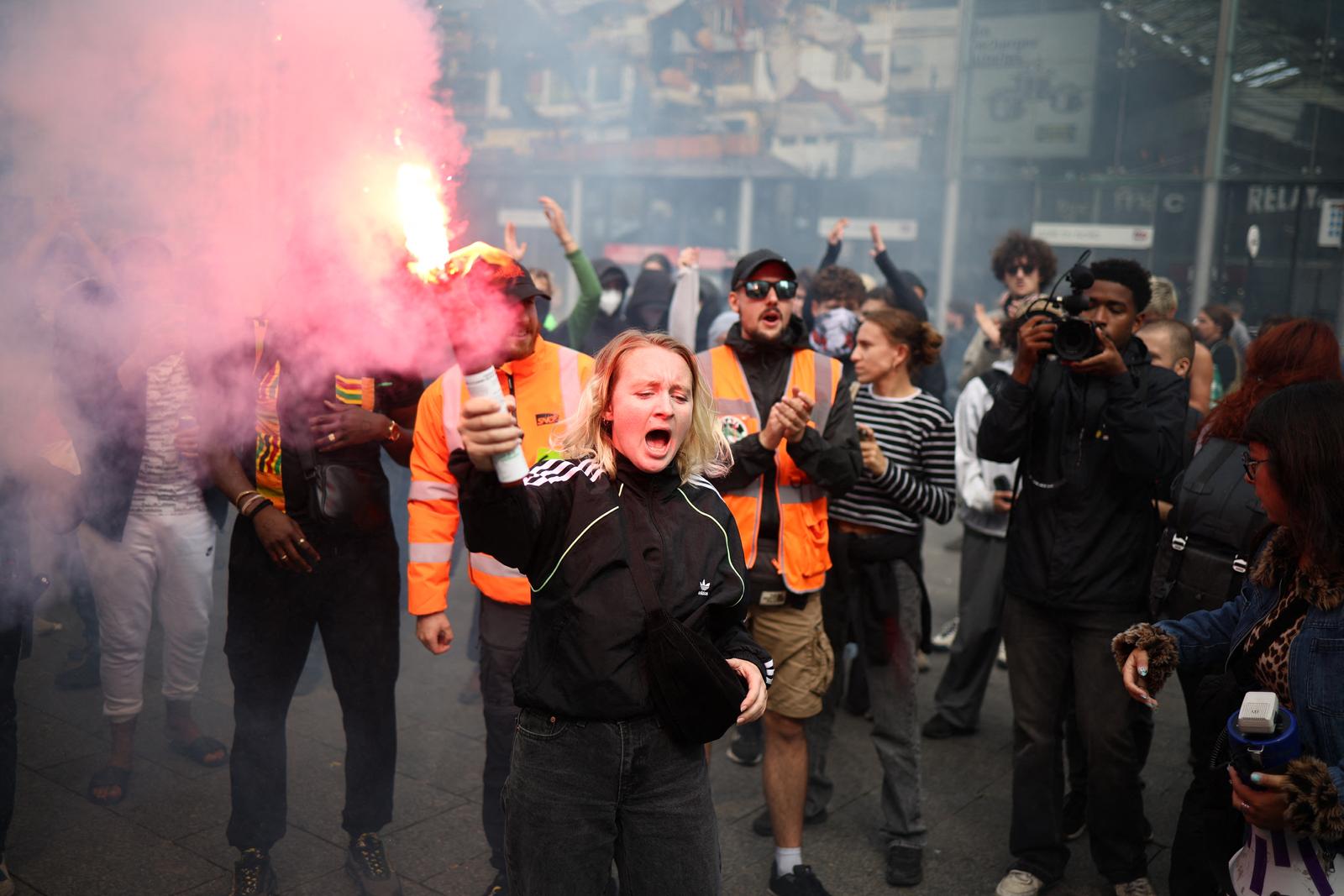 Protesters chant demonstrate near of the Gare du Nord train station in Paris, on September 10, 2025 during the "Bloquons tout" ("Let's block everything") protest movement. The broad anti-government campaign, dubbed "Bloquons tout" ("Let's block everything"), calls for a a shutdown of France on September 10 with a string of protest actions and civil disobedience around the country, while the handover of power between the new Prime Minister and his predecessor, who suffered a crushing loss in a confidence vote on September 8, is scheduled for the same day at noon. Photo by Raphael Lafargue/ABACAPRESS.COM Photo: Lafargue Raphael/ABACA/ABACA