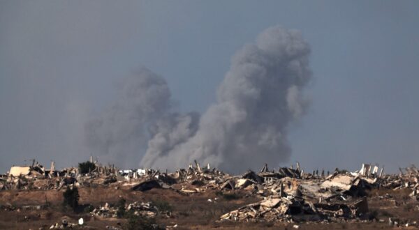 epa12380533 Smoke rises as a result of an Israeli airstrike on the outskirts of Gaza City as seen from the Israeli side of the border, 15 September 2025. More than 64,900 Palestinians have been killed in the Gaza Strip since October 2023, according to the Palestinian Ministry of Health.  EPA/ATEF SAFADI