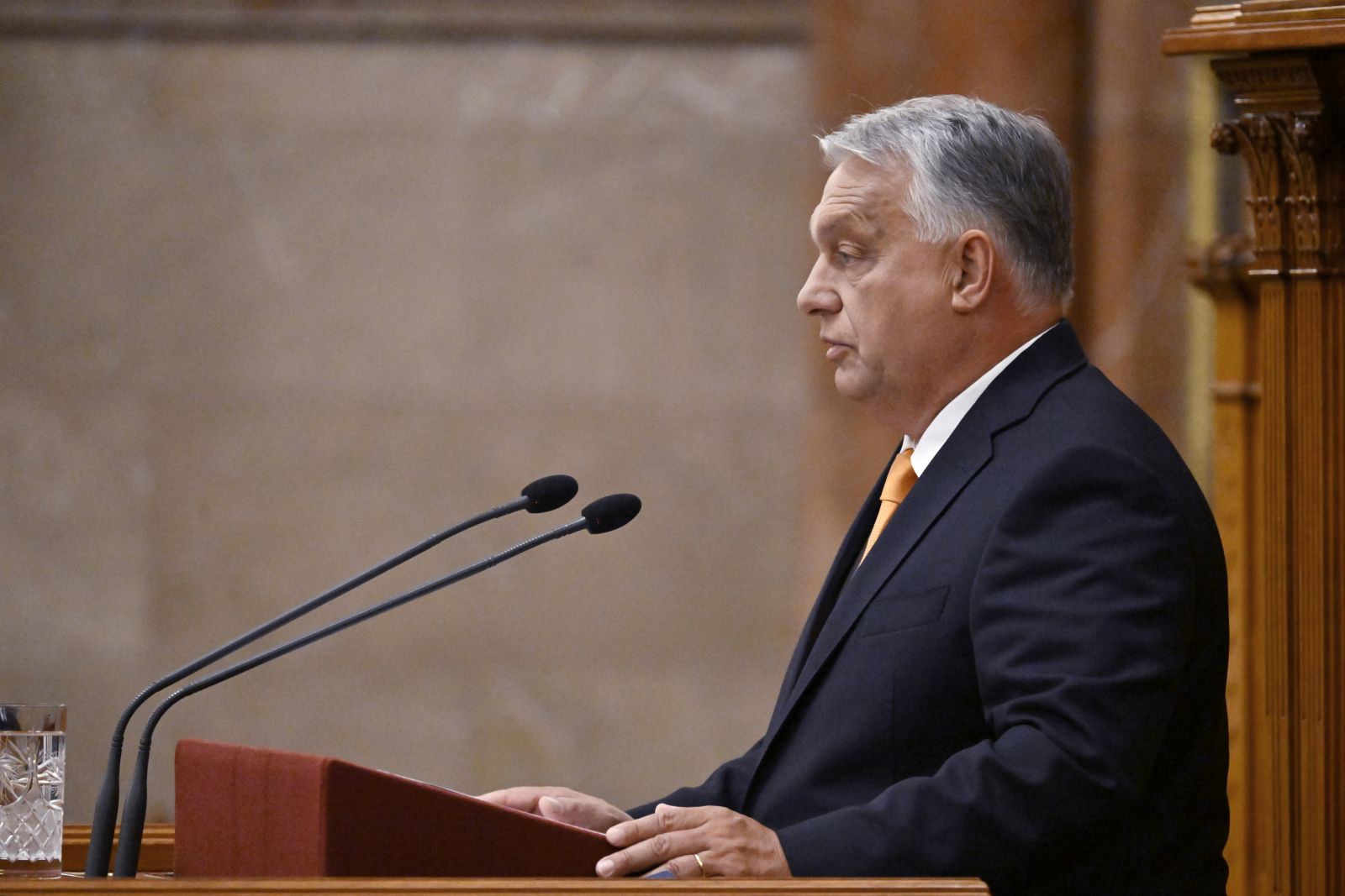 epa12397963 Hungarian Prime Minister Viktor Orban delivers a pre-agenda address during the first plenary meeting of the autumn session of the Parliament in Budapest, Hungary, 22 September 2025.  EPA/Robert Hegedus HUNGARY OUT