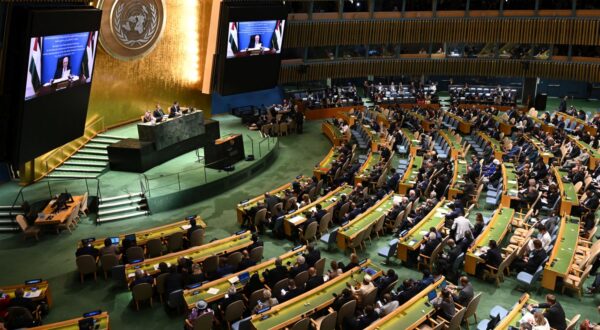 epa12398711 President of the State of Palestine Mahmoud Abbas (on screen) addresses via video-link the High-Level International Conference for the Peaceful Settlement of the Question of Palestine and the Implementation of the Two-State Solution, at the United Nations (UN) headquarters in New York, New York, USA, 22 September 2025. The UN General Assembly's high-level week runs from 22 until 30 September.  EPA/LUKAS COCH AUSTRALIA AND NEW ZEALAND OUT