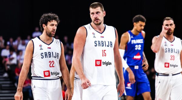 Vasilije MICIC and Nikola JOKIC of Serbia during the friendly match between France and Serbia at LDLC Arena on July 12, 2024 in Lyon, France. (Photo by Johnny Fidelin/Icon Sport) Photo: Johnny Fidelin/ICON SPORT