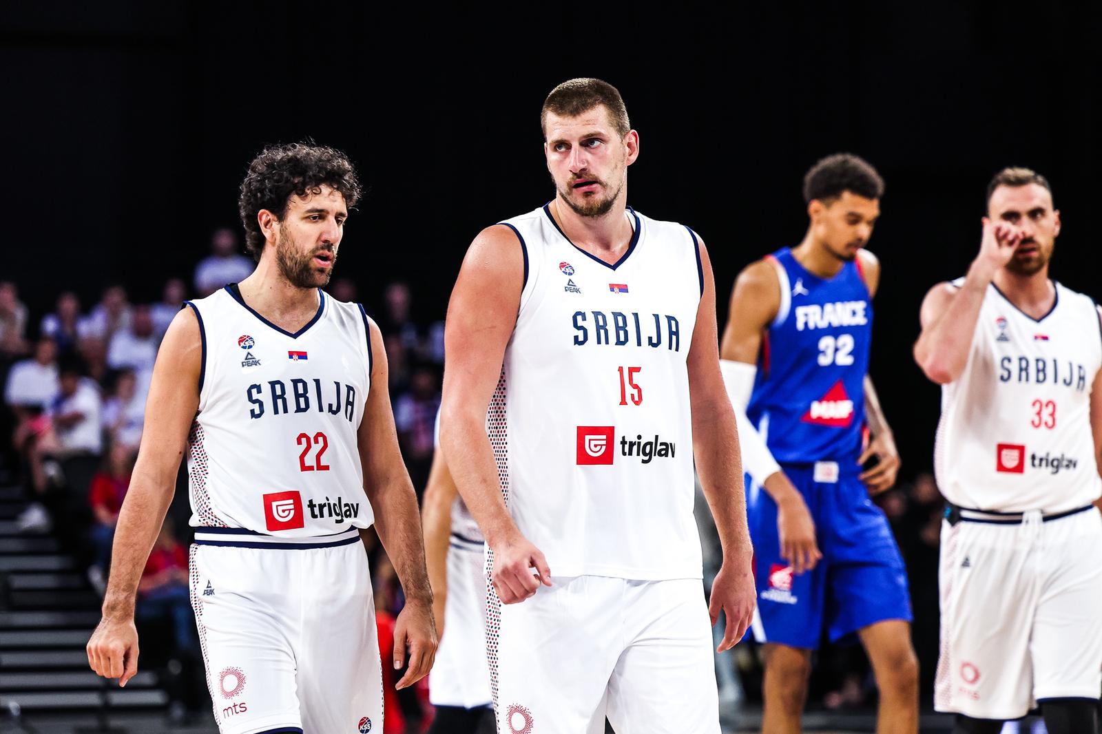 Vasilije MICIC and Nikola JOKIC of Serbia during the friendly match between France and Serbia at LDLC Arena on July 12, 2024 in Lyon, France. (Photo by Johnny Fidelin/Icon Sport) Photo: Johnny Fidelin/ICON SPORT