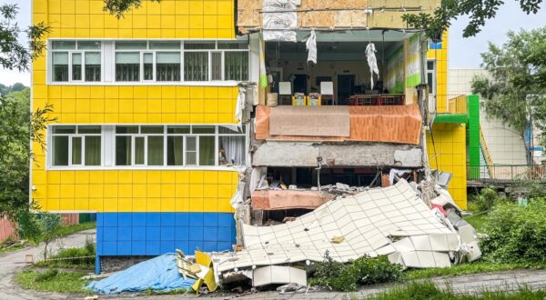 RUSSIA, PETROPAVLOVSK-KAMCHATSKY - JULY 30, 2025: A kindergarten building partially collapsed in an earthquake. A magnitude 8.7 earthquake hit the Russian Far Eastern Kamchatka Region to become the strongest ever recorded in the region over the period of instrumental observation.  Valeria Kosilova/TASS/Sipa USA Photo: Tass/SIPA USA