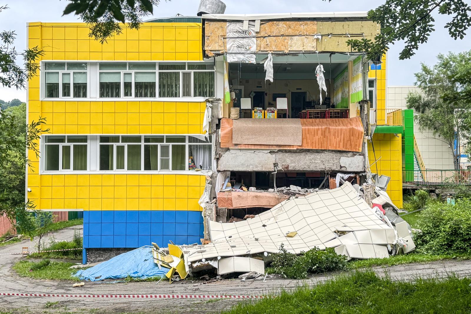 RUSSIA, PETROPAVLOVSK-KAMCHATSKY - JULY 30, 2025: A kindergarten building partially collapsed in an earthquake. A magnitude 8.7 earthquake hit the Russian Far Eastern Kamchatka Region to become the strongest ever recorded in the region over the period of instrumental observation.  Valeria Kosilova/TASS/Sipa USA Photo: Tass/SIPA USA