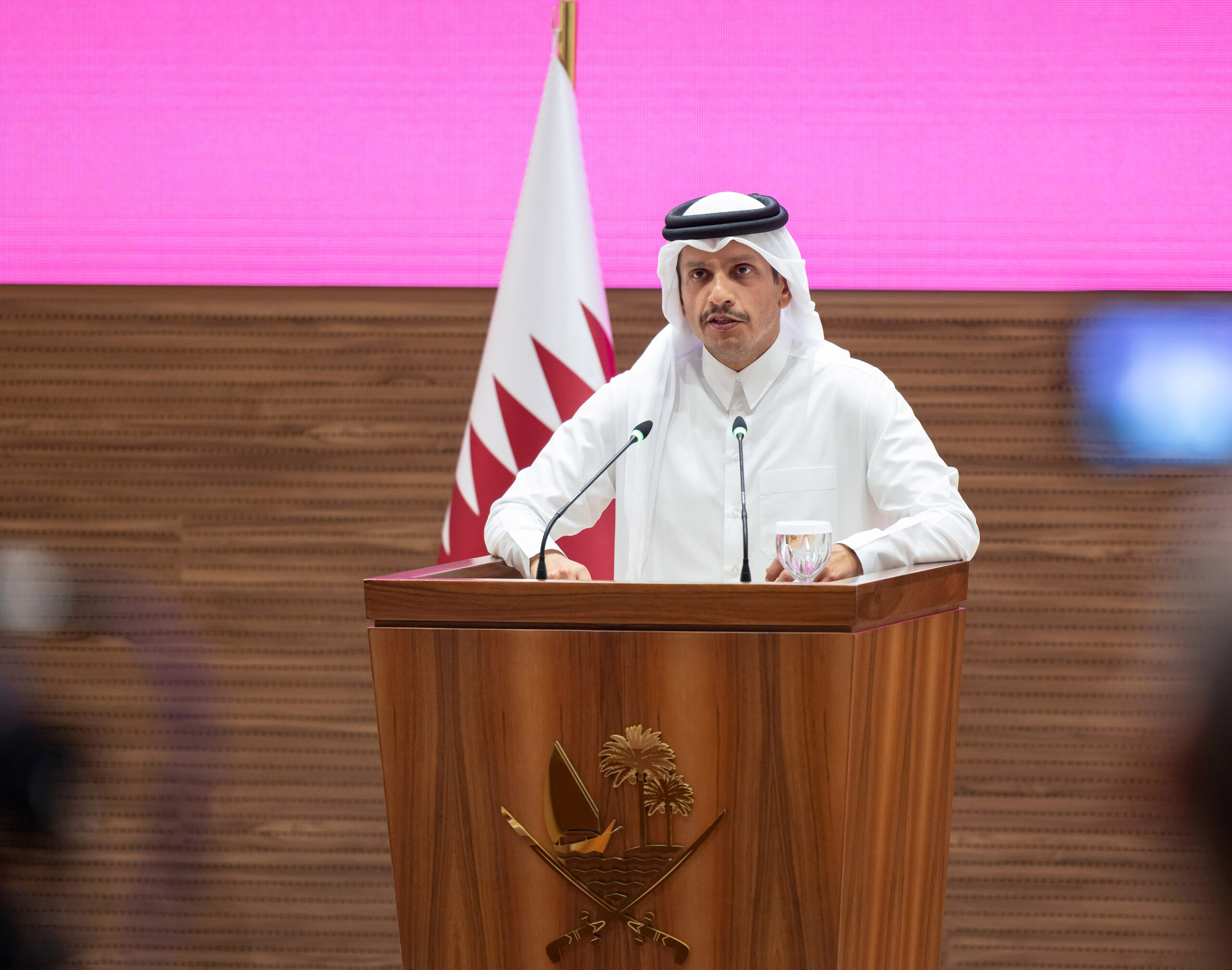 Qatar's Prime Minister and Foreign Minister Mohammed bin Abdulrahman al-Thani addresses a press conference following Israeli strikes in Doha Wednsday on September 10, 2025. Following the attack, world leaders, including the US President, sharply criticised Israel for targeting Hamas leaders in Qatar, a Western ally which has hosted multiple rounds of Gaza ceasefire talks. Photo by Qatari Foreign Ministry / UPI. Photo via Newscom Photo: Qatari Foreign Ministry/NEWSCOM