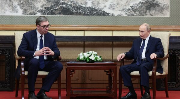 CHINA, BEIJING - SEPTEMBER 2, 2025: Serbia's President Aleksandar Vucic (L) and Russia's President Vladimir Putin talk during a meeting at the Diaoyutai State Guesthouse. Vladimir Smirnov/TASS/Sipa USA Photo: Tass/SIPA USA