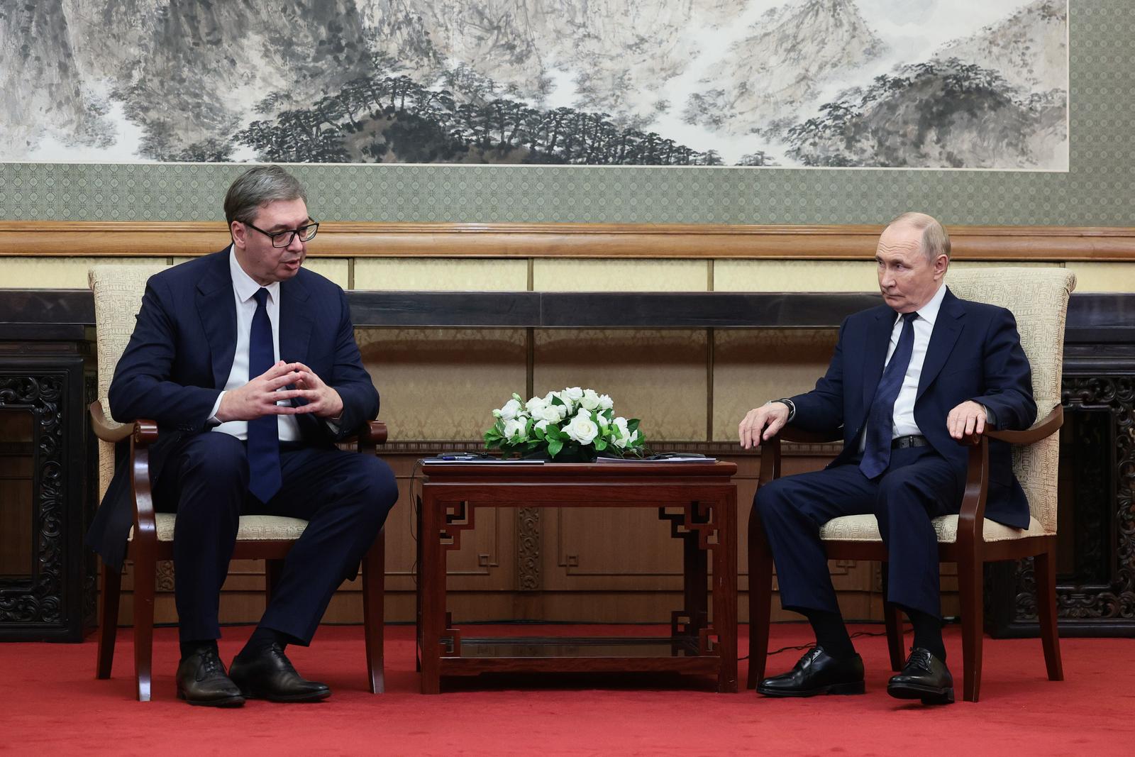 CHINA, BEIJING - SEPTEMBER 2, 2025: Serbia's President Aleksandar Vucic (L) and Russia's President Vladimir Putin talk during a meeting at the Diaoyutai State Guesthouse. Vladimir Smirnov/TASS/Sipa USA Photo: Tass/SIPA USA