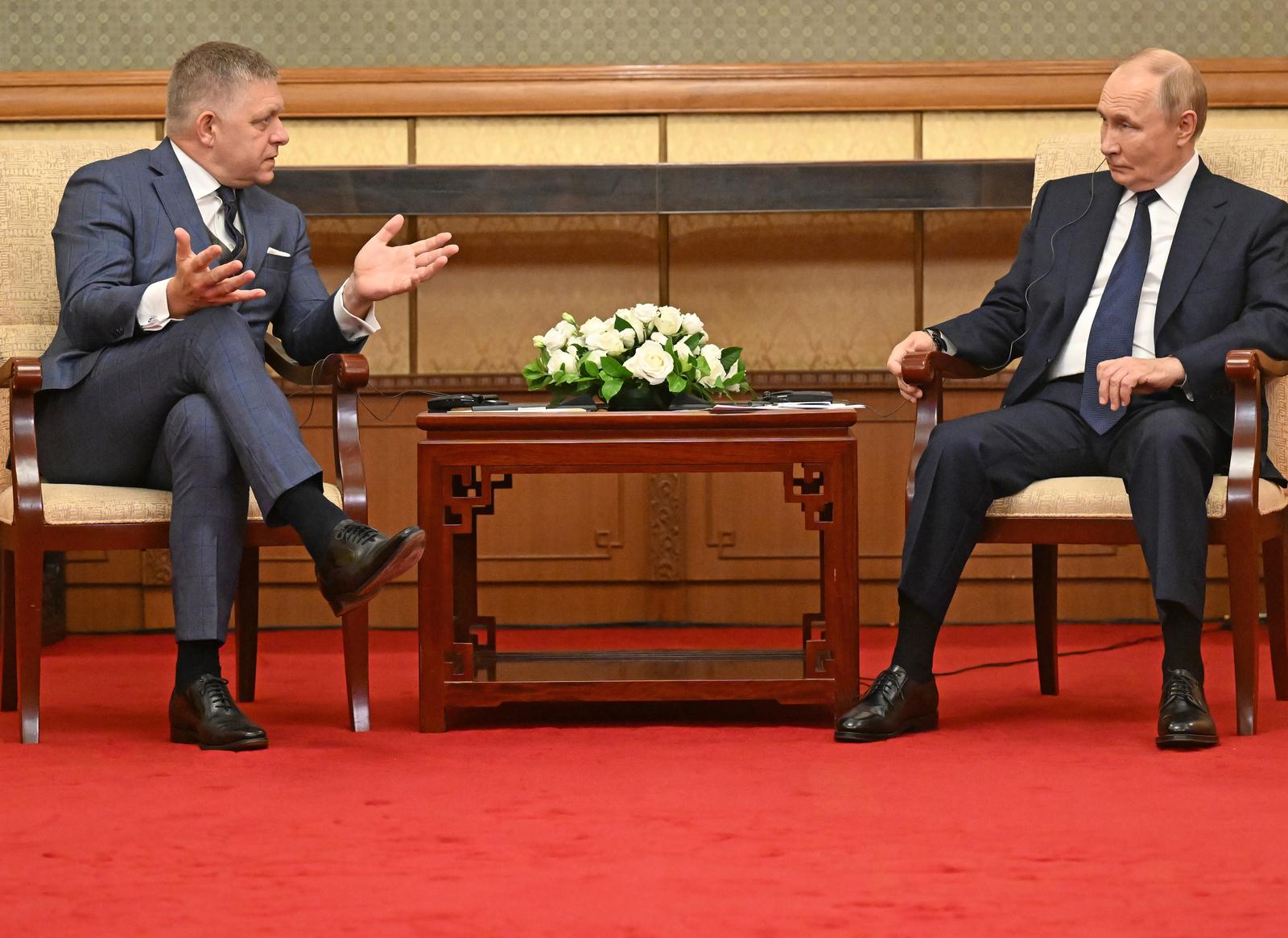 Meeting of Russian President Vladimir Putin with Prime Minister of Slovakia Robert Fico at the Diaoyutai Residence. Prime Minister of Slovakia Robert Fico (left) and Russian President Vladimir Putin (right) during the meeting.
Credit: Dmitry Azarov/Kommersant Photo/Sipa USA Photo: Kommersant Photo Agency/SIPA USA