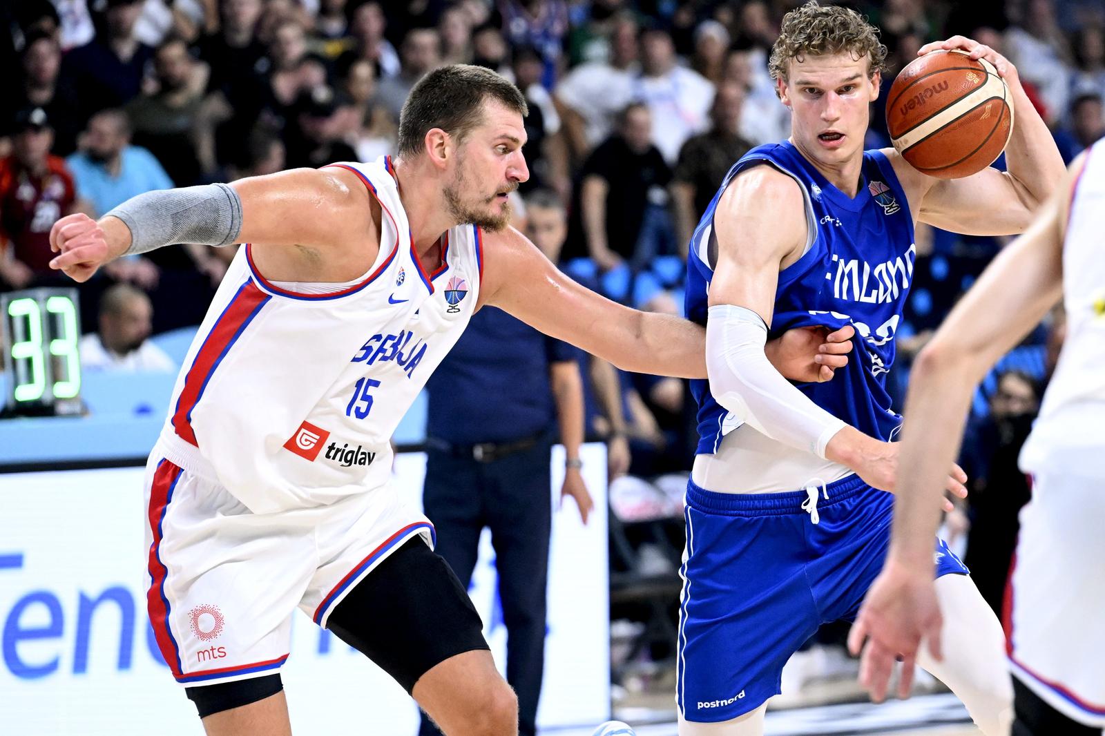 Nikola Jokic of Serbia (left) and Lauri Markkanen of Finland in action during FIBA Eurobasket quarterfinal match Serbia vs Finland in Riga, Latvia on September 6, 2025. (Photo by HEIKKI SAUKKOMAA/LEHTIKUVA/Sipa USA)    Photo: STT-Lehtikuva/SIPA USA