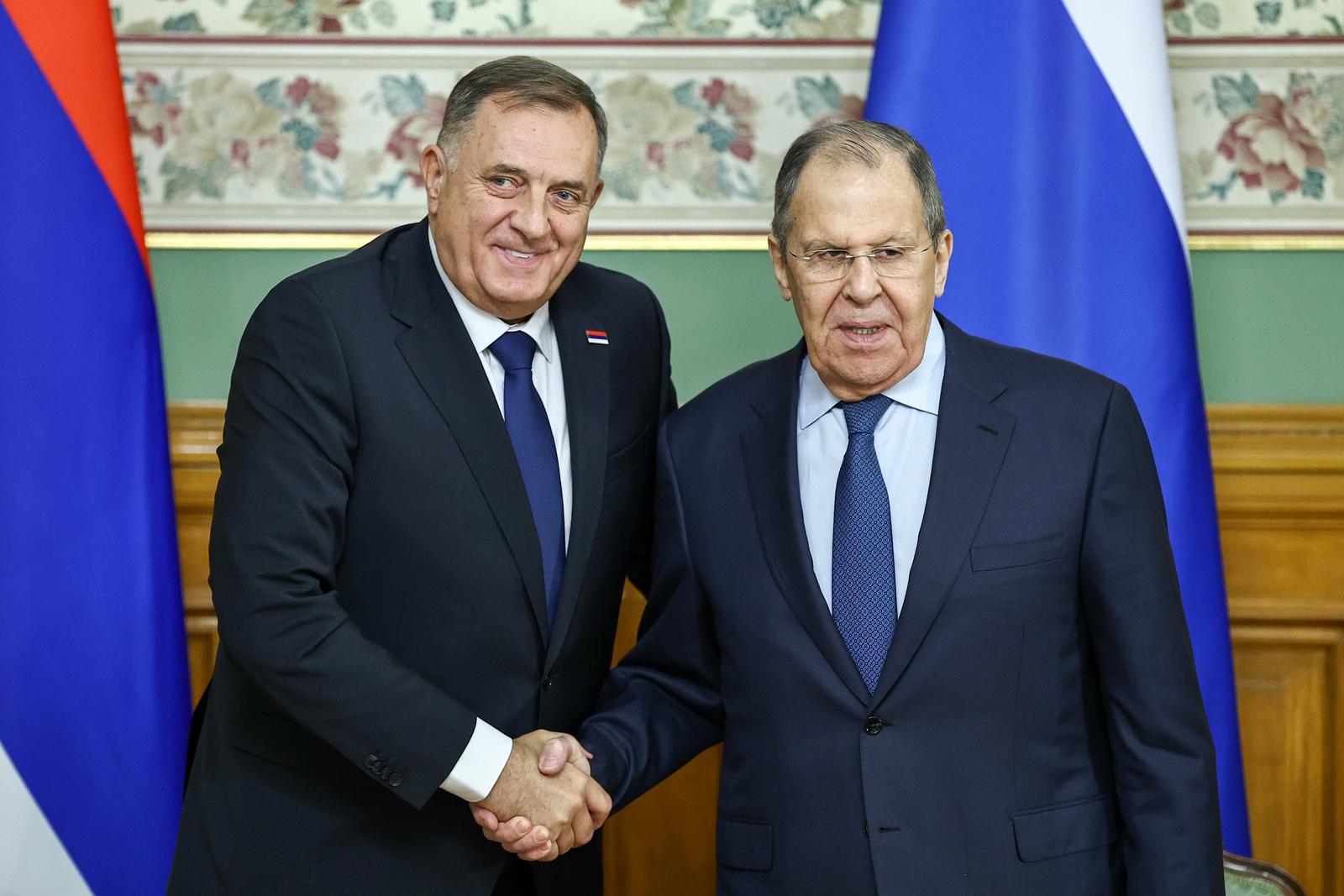 RUSSIA, MOSCOW - SEPTEMBER 9, 2025: Milorad Dodik (L), President of Republika Srpska, and Sergei Lavrov, Foreign Minister of Russia, shake hands after a joint press conference on their meeting at the Reception House of the Foreign Ministry. Mikhail Tereshchenko/TASS/Sipa USA Photo: Tass/SIPA USA