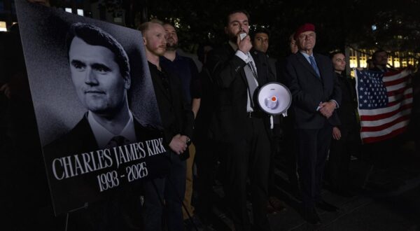 NEW YORK, NEW YORK - SEPTEMBER 12: Members of the New York Young Republicans Club (NYYRC) and dozens of mourners hold a vigil for slain political influencer Charlie in Kirk at the Reflecting Pool in Madison Square Park on September 12, 2025 in New York City. Authorities arrested a suspect, Tyler Robinson, 22, on Friday, ending a two-day manhunt after Mr. Kirk, a conservative activist and Trump ally, was fatally shot during a speaking appearance at Utah Valley University. They believe that Robinson acted alone. (Photo by Michael Nigro/Sipa USA) Photo: Michael Nigro/SIPA USA
