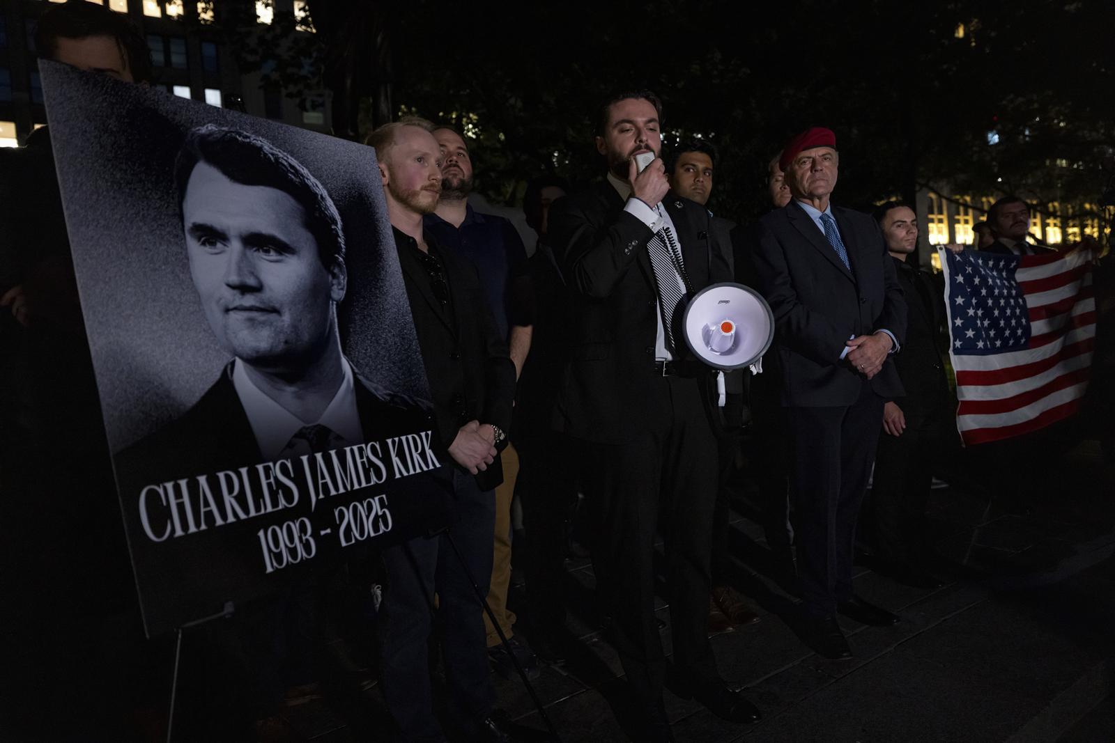 NEW YORK, NEW YORK - SEPTEMBER 12: Members of the New York Young Republicans Club (NYYRC) and dozens of mourners hold a vigil for slain political influencer Charlie in Kirk at the Reflecting Pool in Madison Square Park on September 12, 2025 in New York City. Authorities arrested a suspect, Tyler Robinson, 22, on Friday, ending a two-day manhunt after Mr. Kirk, a conservative activist and Trump ally, was fatally shot during a speaking appearance at Utah Valley University. They believe that Robinson acted alone. (Photo by Michael Nigro/Sipa USA) Photo: Michael Nigro/SIPA USA
