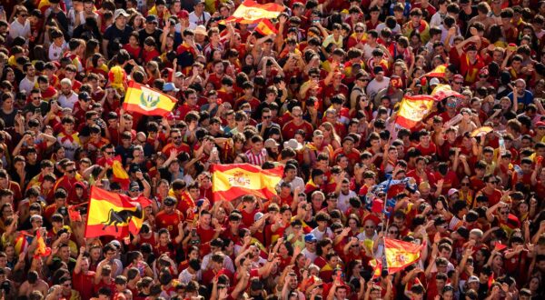 Thousands of people with Spanish flags, during the celebration of the European champion title of the Spanish soccer team in the Plaza de la Cibeles. The Spanish soccer team was proclaimed European champion, after beating the England team in the Euro 2024 soccer tournament in Berlin, Germany on July 14, 2024. (Photo by Luis Soto / SOPA Images/Sipa USA) Photo: SOPA Images/SIPA USA