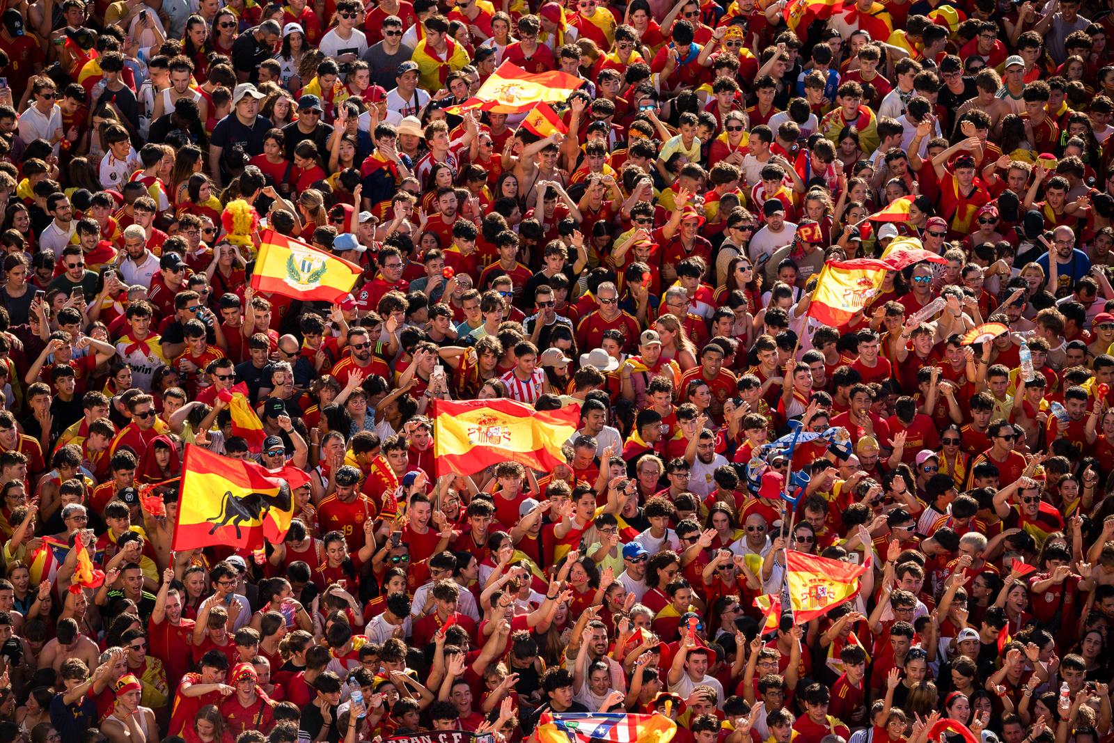 Thousands of people with Spanish flags, during the celebration of the European champion title of the Spanish soccer team in the Plaza de la Cibeles. The Spanish soccer team was proclaimed European champion, after beating the England team in the Euro 2024 soccer tournament in Berlin, Germany on July 14, 2024. (Photo by Luis Soto / SOPA Images/Sipa USA) Photo: SOPA Images/SIPA USA