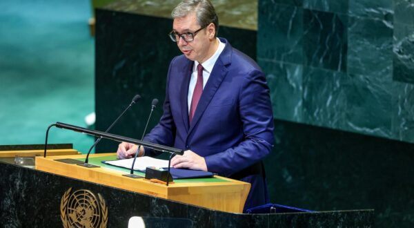 USA, NEW YORK CITY - SEPTEMBER 24, 2025: Serbia's President Aleksandar Vucic speaks at a meeting during the 80th session of the UN General Assembly. Valery Sharifulin/TASS/Sipa USA Photo: Tass/SIPA USA