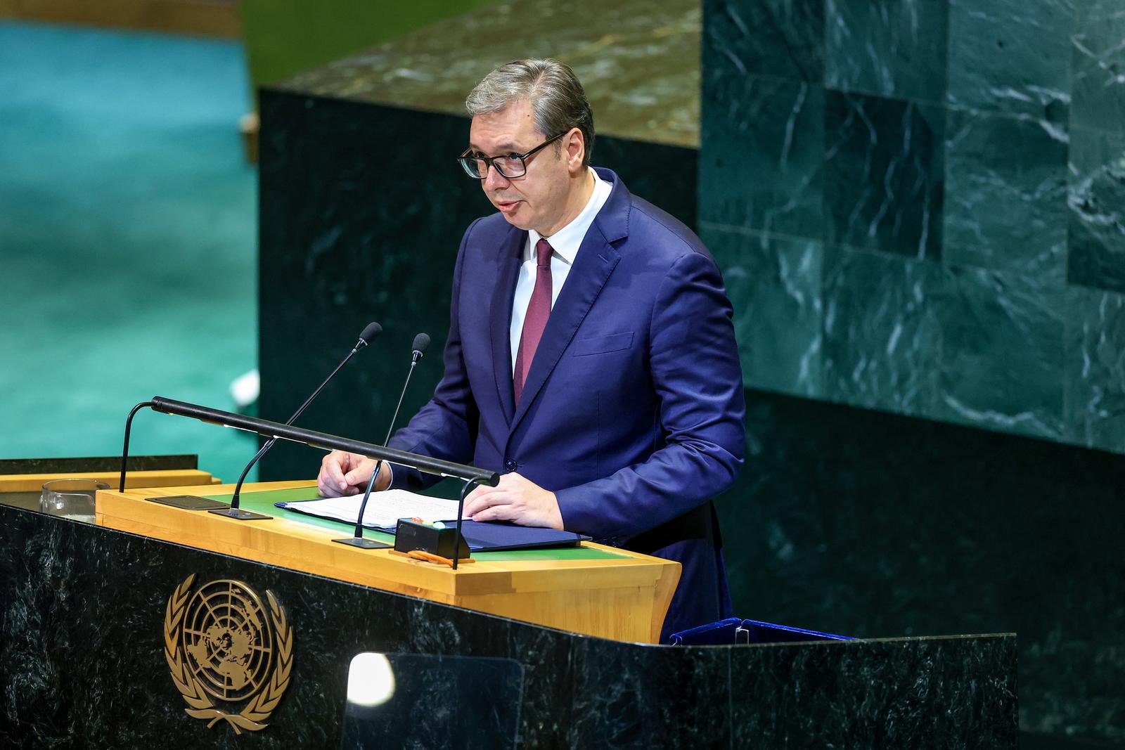 USA, NEW YORK CITY - SEPTEMBER 24, 2025: Serbia's President Aleksandar Vucic speaks at a meeting during the 80th session of the UN General Assembly. Valery Sharifulin/TASS/Sipa USA Photo: Tass/SIPA USA