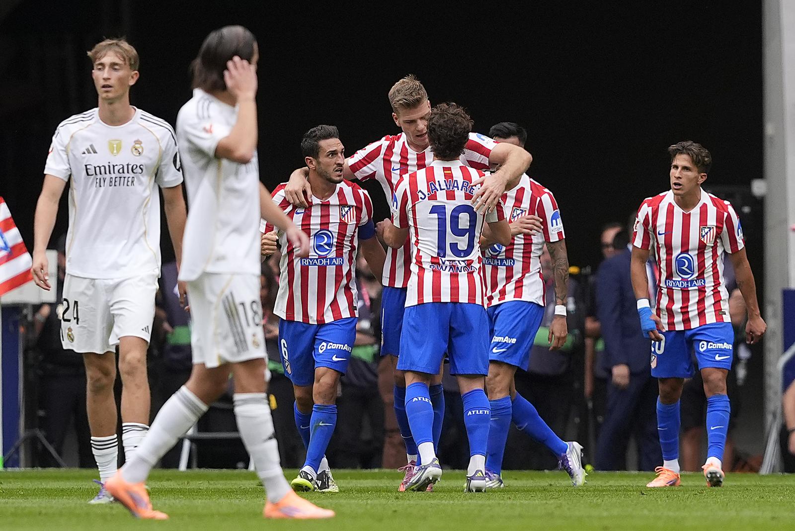 Atletico de Madrid's Koke Resurreccion, Alexander Sorloth and Julian Alvarez celebrate goal during La Liga match. September 27, 2025. (Photo by Acero/Alter Photos/Sipa USA) Photo: Alter Photos/SIPA USA
