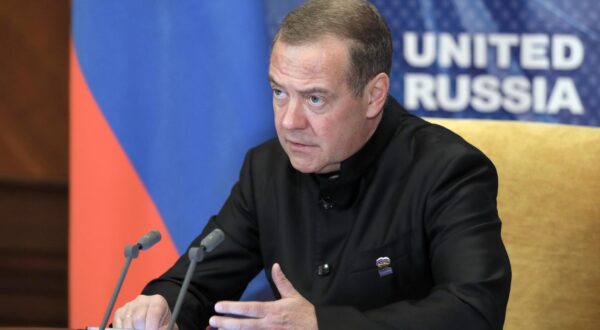 RUSSIA, MOSCOW REGION - JULY 31, 2025: Russian Security Council Deputy Chairman Dmitry Medvedev, chairman of the United Russia Party, holds a meeting of the standing committee of the Forum of Supporters of the Struggle against Modern Practices of Neocolonialism - For the Freedom of Nations! movement. Yekaterina Shtukina/POOL/TASS/Sipa USA Photo: Tass/SIPA USA