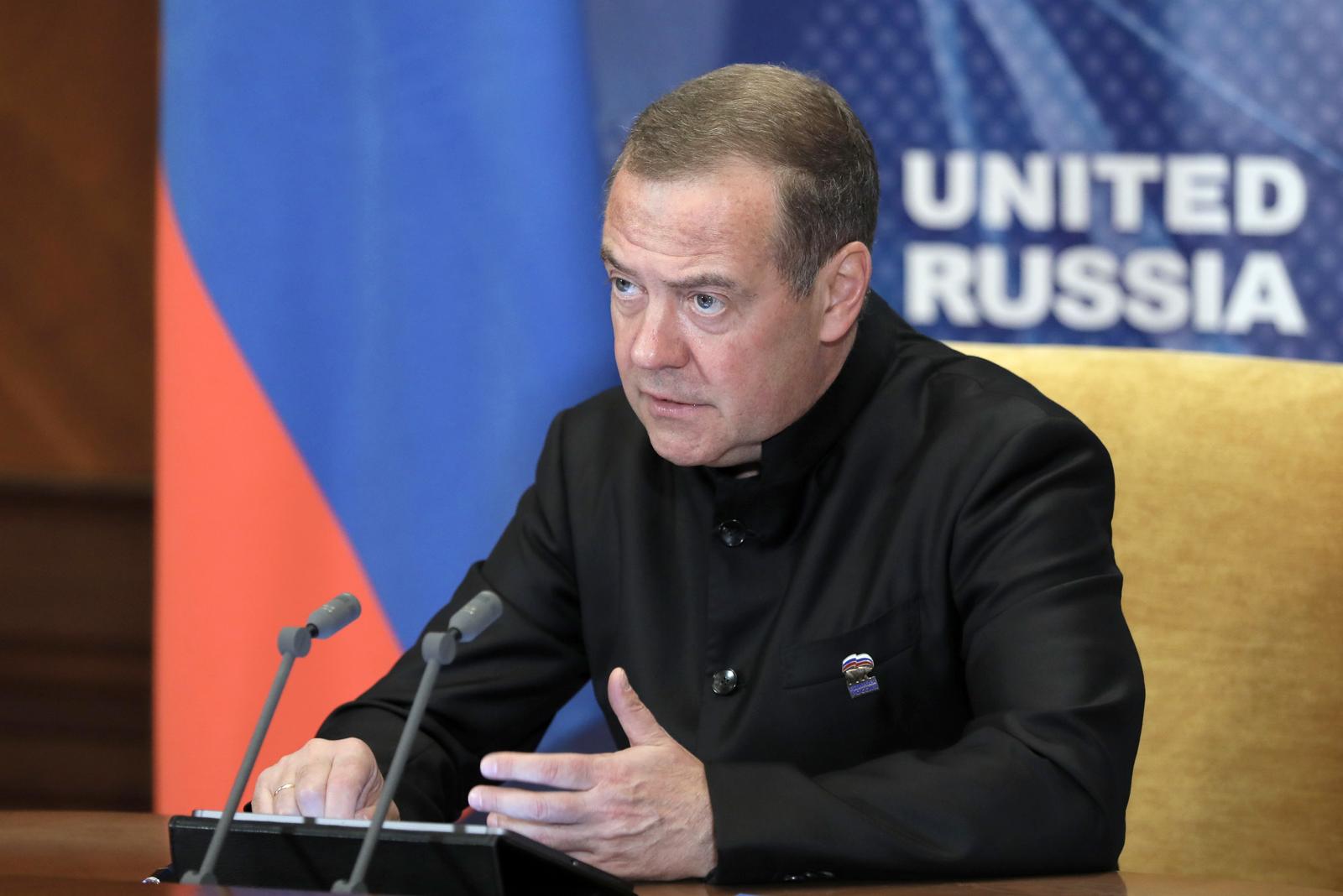 RUSSIA, MOSCOW REGION - JULY 31, 2025: Russian Security Council Deputy Chairman Dmitry Medvedev, chairman of the United Russia Party, holds a meeting of the standing committee of the Forum of Supporters of the Struggle against Modern Practices of Neocolonialism - For the Freedom of Nations! movement. Yekaterina Shtukina/POOL/TASS/Sipa USA Photo: Tass/SIPA USA