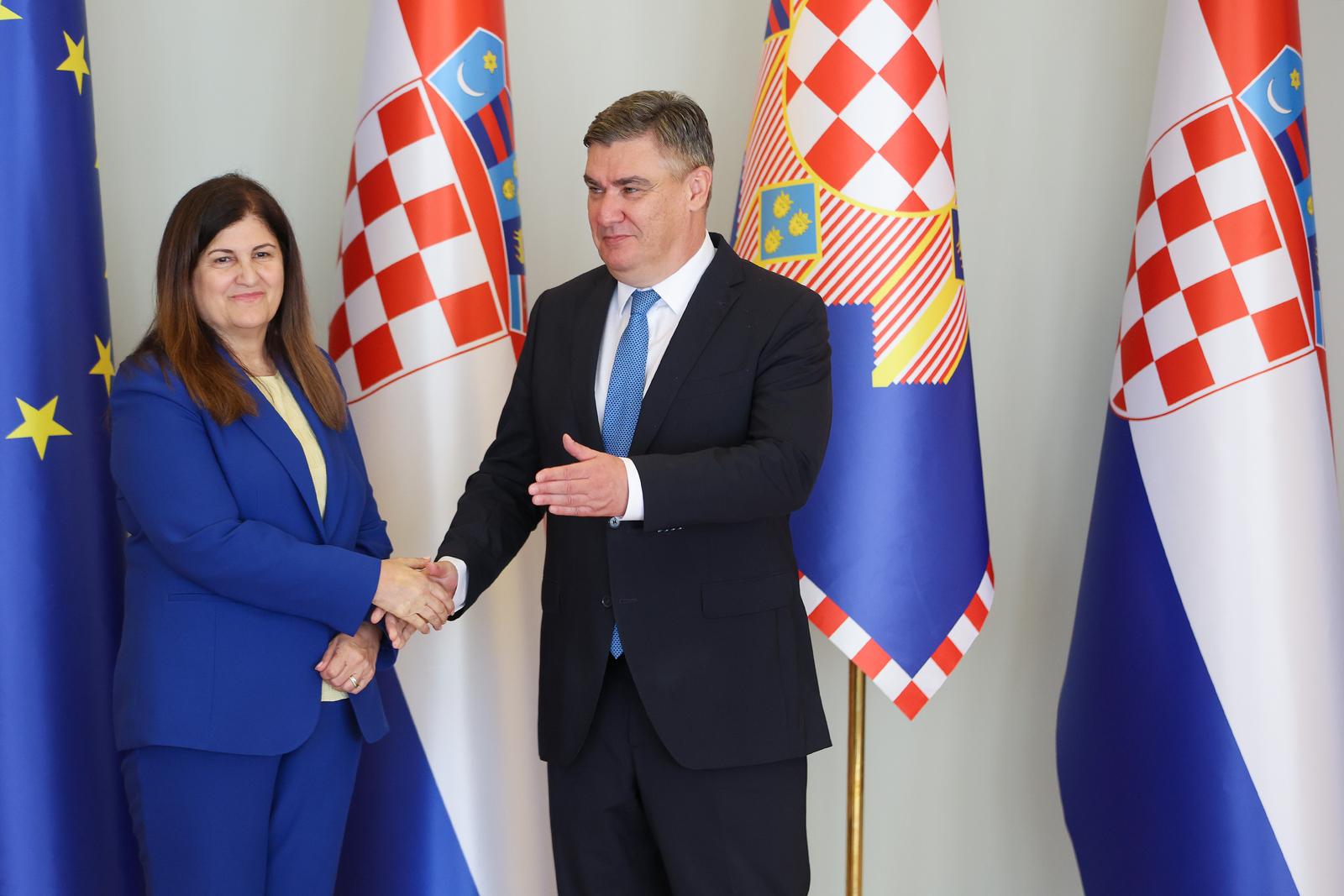 27.08.2025., Zagreb - Pantovcak. Ured predsjednika Republike Hrvatske. Predsjednik Republike Hrvatske Zoran Milanovic primio je ministricu vanjskih poslova i iseljenistva Palestine Varsen Aghabekian. Photo: Sanjin Strukic/PIXSELL