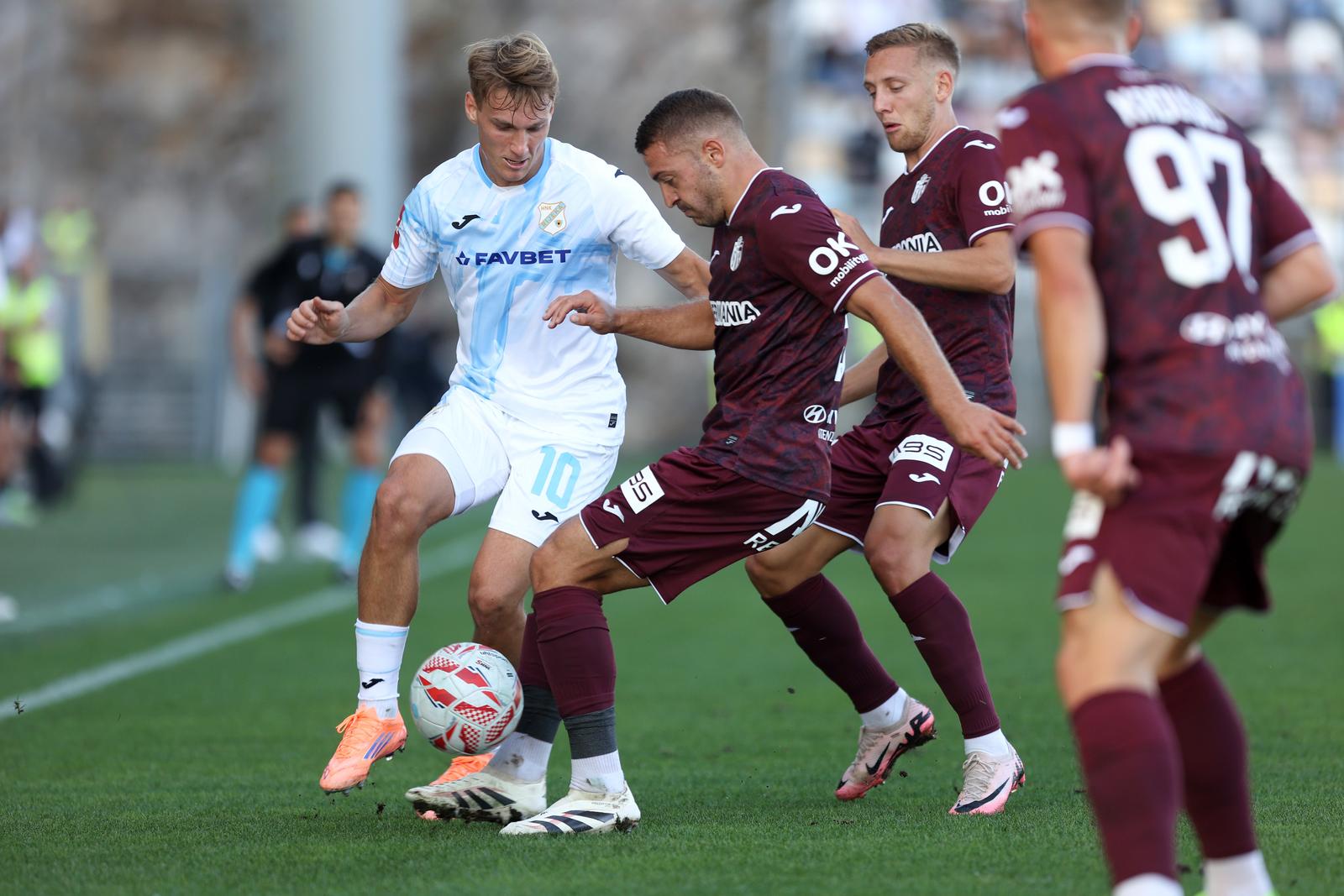 27.09.2025., stadion HNK Rijeka, Rijeka - SuperSport HNL, 08. kolo, HNK Rijeka - NK Istra 1961. Toni Fruk, Josip Radosevic i Emil Frederiksen Photo: Nel Pavletic/PIXSELL