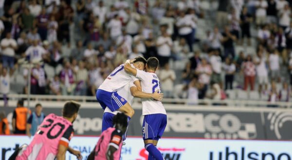 27.09.2025., stadion Poljud, Split - SuperSport HNL, 08. kolo, HNK Hajduk - NK Lokomotiva. Slavlje nogometasa Hajduka nakon pogotka Ante Rebica za vodstvo 1:0. Iker Almena, Ante Rebic i Fran Karacic Photo: Ivana Ivanovic/PIXSELL