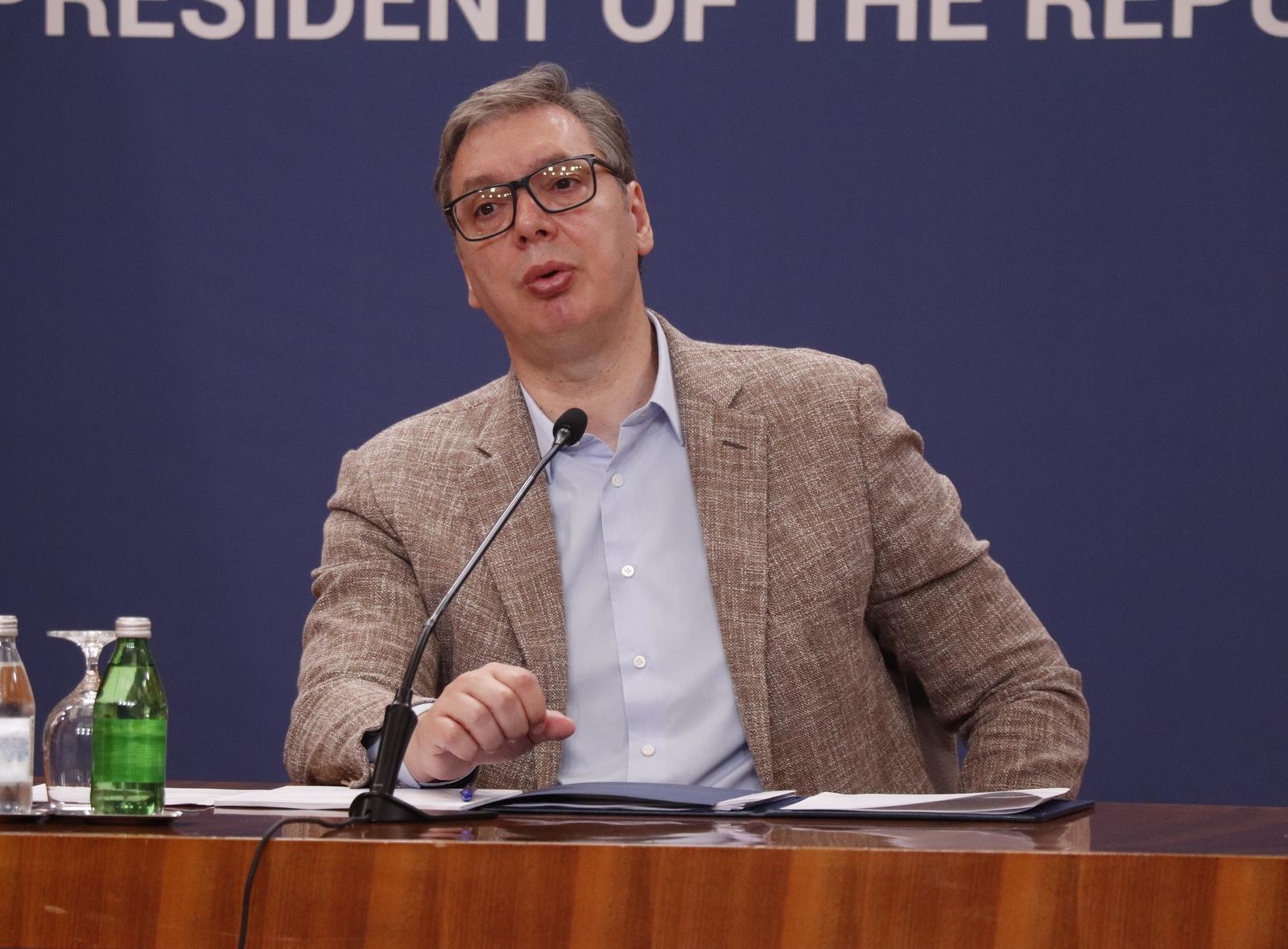 29, June, 2025, Belgrade - The President of the Republic of Serbia, Aleksandar Vucic, addressed the public at the Palace of Serbia regarding the current political situation in the country. Aleksandar Vucic. Photo: M.M./ATAImages

29, jun, 2025, Beograd - Predsednik Republike Srbije Aleksandar Vucic obratio se javnosti u Palati Srbija povodom aktuelne politicke situacije u drzavi. Photo: M.M./ATAImages Photo: M.M./ATAImages/PIXSELL