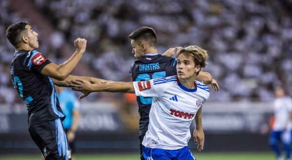 31.08.2025., Split. - Utakmica Hajduk Rijeka na Splitskom Poljudu. Ante Orec, Tiago Dantas i Rokas Pukstas Photo: Zvonimir Barisin/PIXSELL