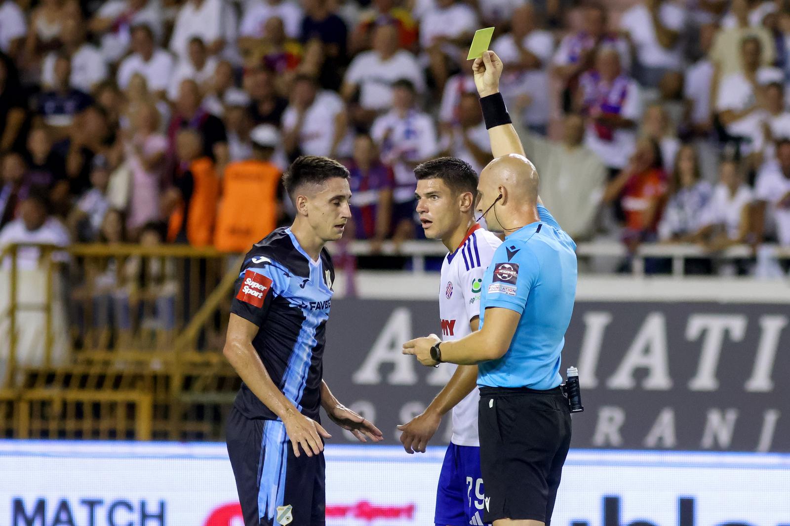 31.08.2025., Split - stadion Poljud - SuperSport HNL, 5. kolo, HNK Hajduk - HNK Rijeka Luka Menalo, Fran Karacic i Dario Bel Photo: Sime Zelic/PIXSELL