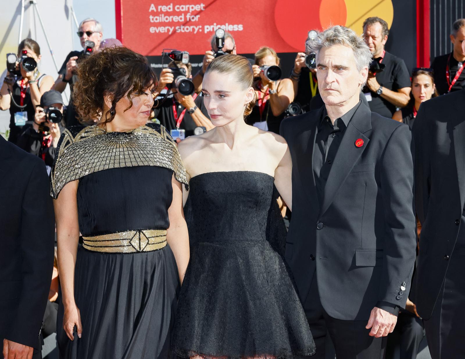 James Wilson, Motaz Malhees, Rooney Mara, Kaouther Ben Hania, Joaquin Phoenix attend the "The Voice Of Hind Rajab" red carpet during the 82nd Venice International Film Festival on September 03, 2025 in Venice, Italy. Photo by Marco Piovanotto/Abacapress.com Photo: Piovanotto Marco/ABACA/ABACA