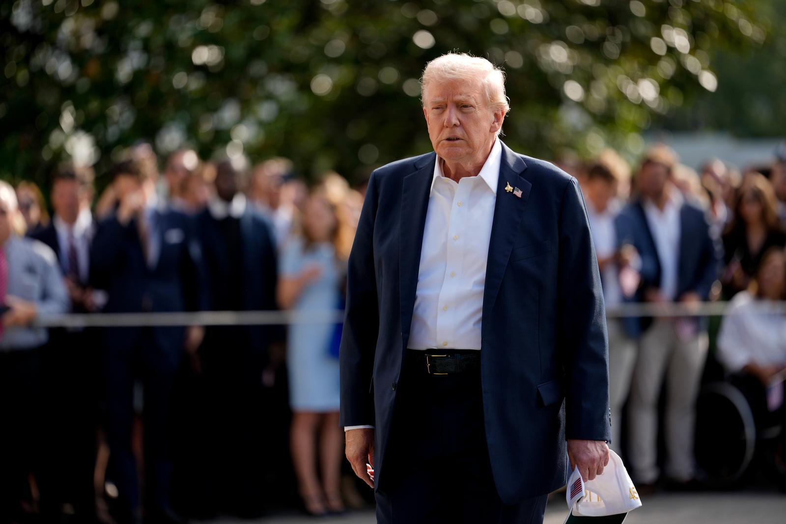 United States President Donald J Trump on the South Lawn of the White House in Washington, DC, USA, before boarding Marine One on Friday, September 26, 2025. Trumps plan to impose a 100% tariff on branded drug imports was greeted with a shrug by many investors, who are betting his exemptions for companies with US manufacturing will soften any blow. Credit: Kent Nishimura / Pool via CNP
