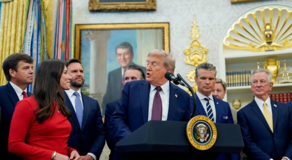 President Donald Trump speaks during an announcement in the Oval Office of the White House in Washington, DC on Tuesday, September 2, 2025. Trump announced he's basing US Space Command in Huntsville, Alabama, undoing former President Joe Biden's decision to put the headquarters in Colorado. Photo by Al Drago/UPI Photo via Newscom Photo: Al Drago/NEWSCOM