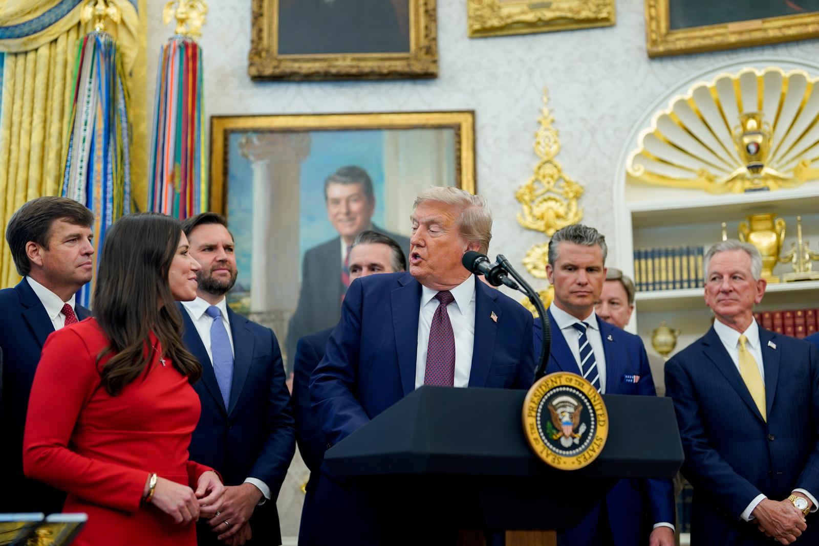 President Donald Trump speaks during an announcement in the Oval Office of the White House in Washington, DC on Tuesday, September 2, 2025. Trump announced he's basing US Space Command in Huntsville, Alabama, undoing former President Joe Biden's decision to put the headquarters in Colorado. Photo by Al Drago/UPI Photo via Newscom Photo: Al Drago/NEWSCOM