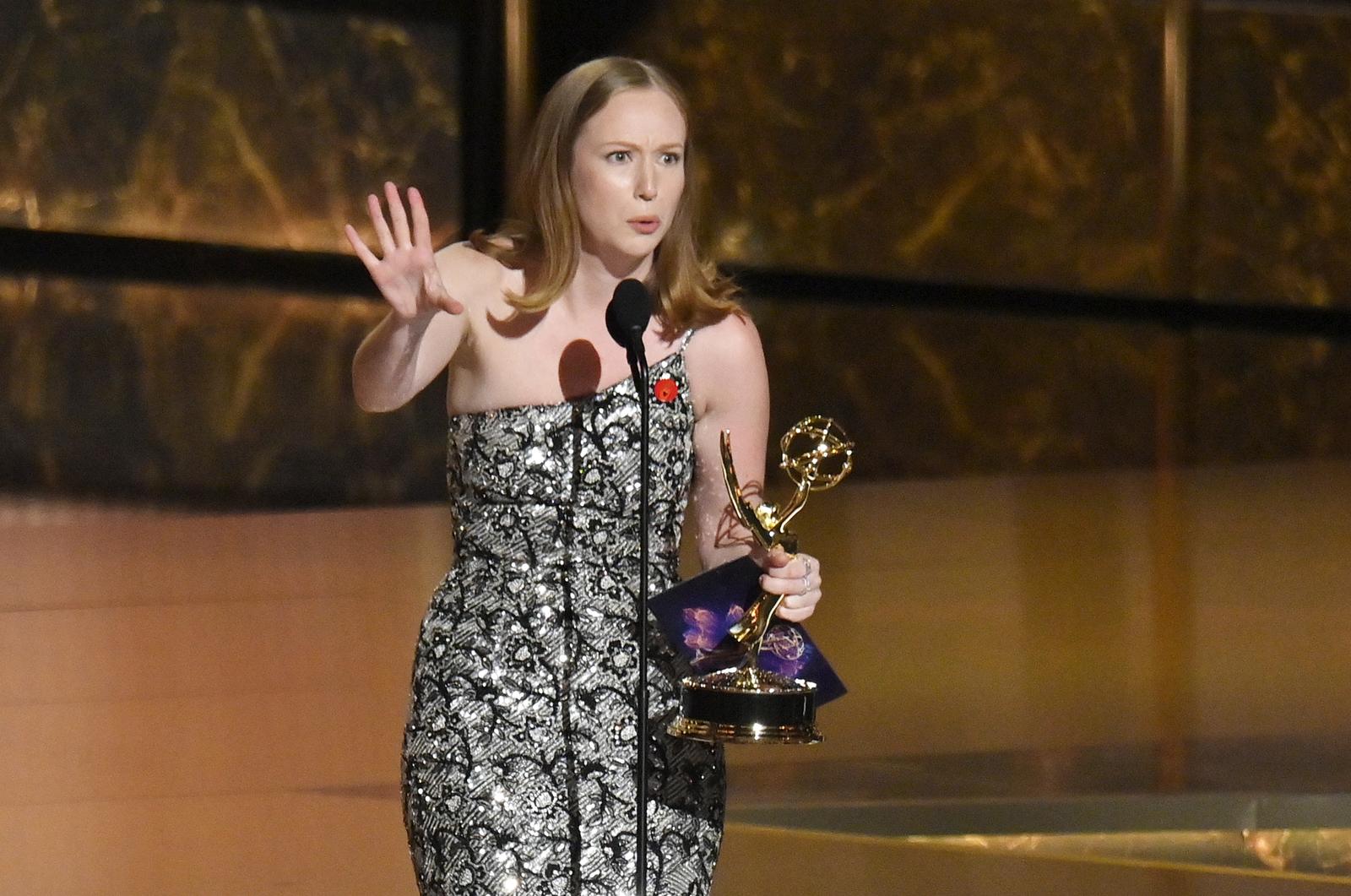 Hannah Einbinder accepts the Outstanding Supporting Actress in a Comedy Series award for "Hacks" onstage at the 77th annual Primetime Emmy Awards at the Peacock Theater in Los Angeles on Sunday, September 14, 2025. Photo by Jim Ruymen/UPI Photo via Newscom Photo: Jim Ruymen/NEWSCOM