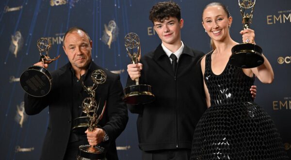 (L-R) Stephen Graha holds the Emmy for Outstanding Limited or Anthology Series, Outstanding Lead Actor in a Limited or Anthology Series or Movie, Outstanding Writing for a Limited Series or Anthology Series or Movie for 'Adolescence', Owen Cooper holds the Emmy for Outstanding Supporting Actor in a Limited or Anthology Series or Movie for 'Adolescence,' and Erin Doherty holds the Emmy for Outstanding Supporting Actress in a Limited or Anthology Series or Movie award for 'Adolescence,' backstage during the 77th annual Primetime Emmy Awards at the Peacock Theater in Los Angeles on Sunday, September 14, 2025. Photo by Chris Chew/UPI.. Photo via Newscom Photo: CHIS CHEW/NEWSCOM
