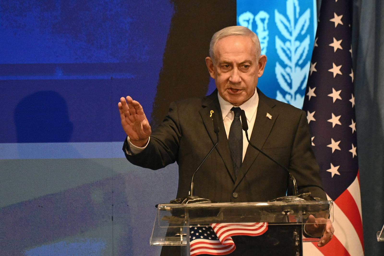 Israeli Prime Minister Benjamin Netanyahu speaks at the opening event of the largest-ever bipartisan delegation of American legislators to Israel at the Foreign Minister in Jerusalem on Monday, September 15. The delegation includes 250 legislators from all 50 U.S. states  five elected officials from each state. Photo by Debbie Hill/ UPI Photo via Newscom Photo: 