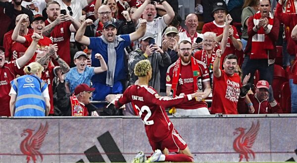 Liverpool's Hugo Ekitike celebrates scoring their side's first goal of the game during the Premier League match at Anfield, Liverpool. Picture date: Friday August 15, 2025. Photo: Peter Byrne/PRESS ASSOCIATION