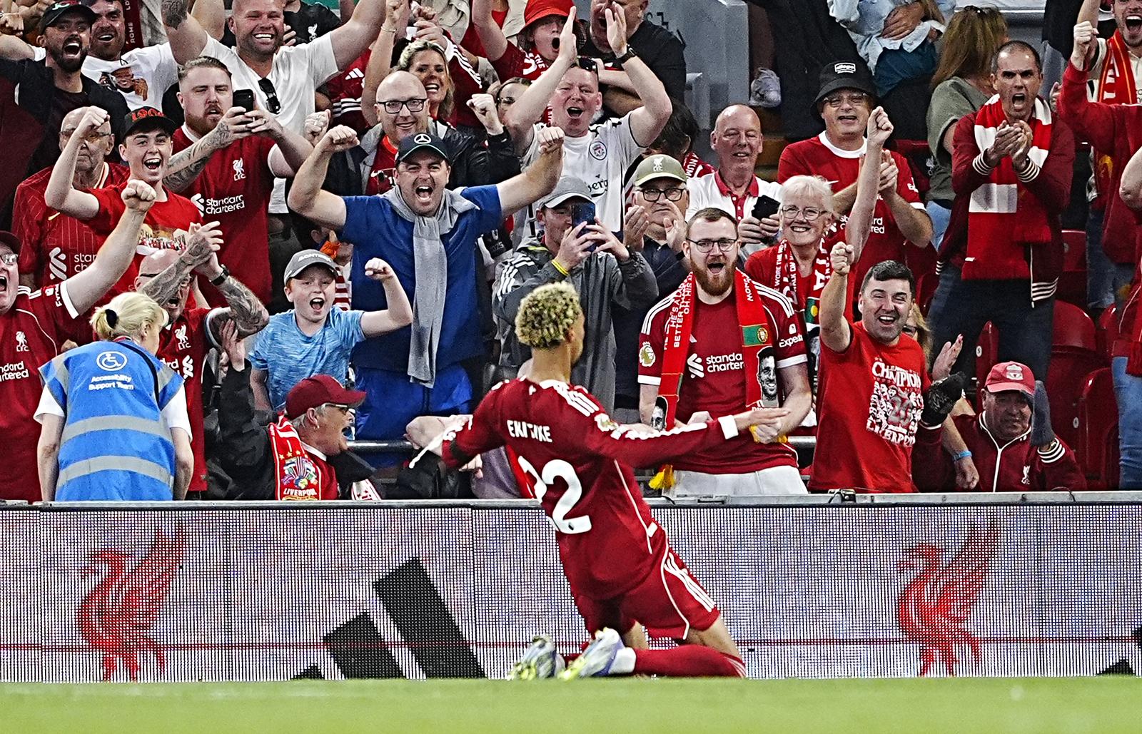 Liverpool's Hugo Ekitike celebrates scoring their side's first goal of the game during the Premier League match at Anfield, Liverpool. Picture date: Friday August 15, 2025. Photo: Peter Byrne/PRESS ASSOCIATION