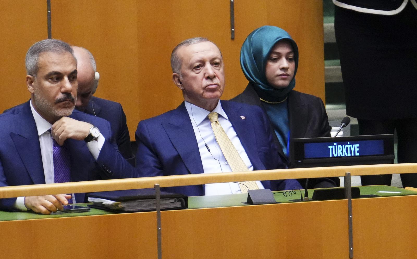 Turkish President Recep Tayyip Erdogan, middle, takes part in a high-level international conference for the peaceful settlement of the question of Palestine and the implementation of the two-state solution during the United Nations General Assembly (UNGA) in New York on Monday, Sept. 22, 2025. This year marks the 80th anniversary of UNGA. THE CANADIAN PRESS/Sean Kilpatrick Photo: Sean Kilpatrick/PRESS ASSOCIATION