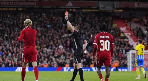 Liverpool's Hugo Ekitike gets his sent off after taking his shirt off after scores their side's second goal of the game during the Carabao Cup third round match at Anfield, Liverpool. Picture date: Tuesday September 23, 2025. Photo: Peter Byrne/PRESS ASSOCIATION