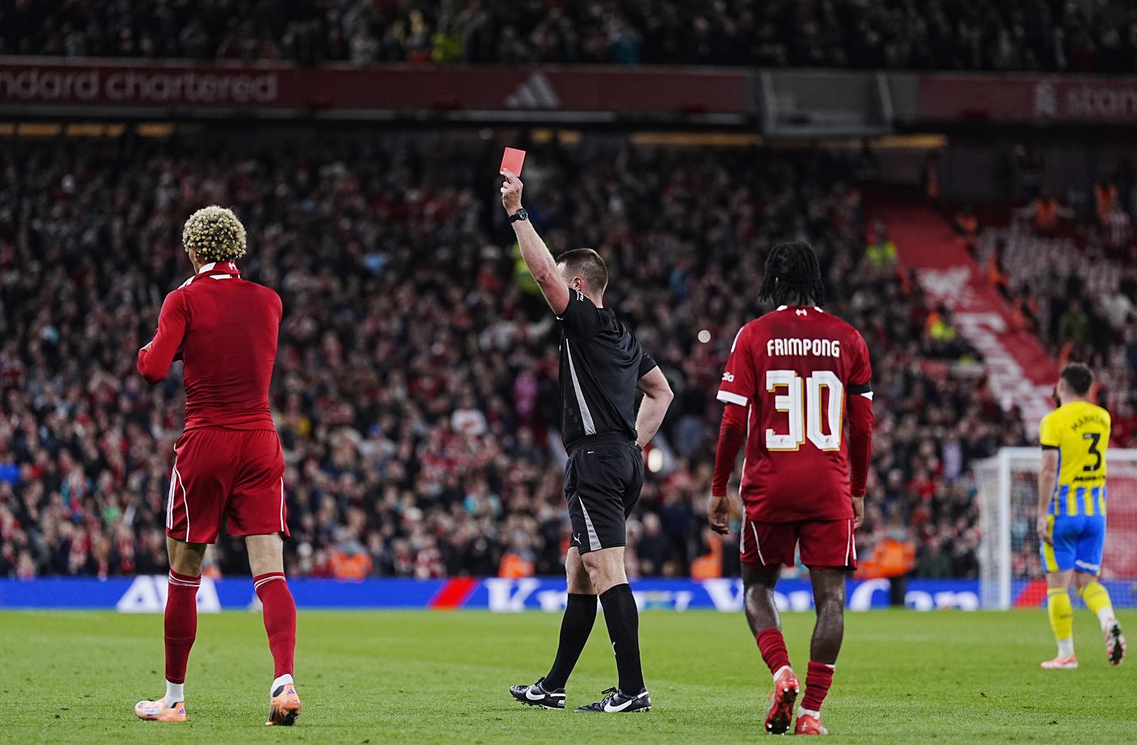 Liverpool's Hugo Ekitike gets his sent off after taking his shirt off after scores their side's second goal of the game during the Carabao Cup third round match at Anfield, Liverpool. Picture date: Tuesday September 23, 2025. Photo: Peter Byrne/PRESS ASSOCIATION
